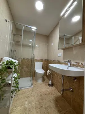 a bathroom with a sink and a toilet and a shower at Alesamar A in Burela de Cabo