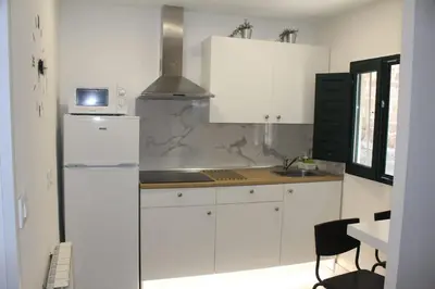 a white kitchen with a refrigerator and a sink at Casa dos avós in Ribadavia