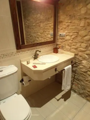 a bathroom with a sink and a toilet and a mirror at Hostal Virgen de la Encina in Ponferrada
