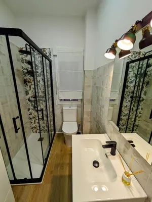 a bathroom with a sink and a shower and a toilet at Mi Camino in Sarria