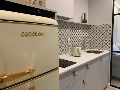 a kitchen with a refrigerator and a sink at Apartamentos Paseo Colón in Foz