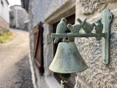 a bell attached to a building with birds perched on it at Cozy Galician Stone Farmhouse with Fireplaces and Pool in Santo Tomé