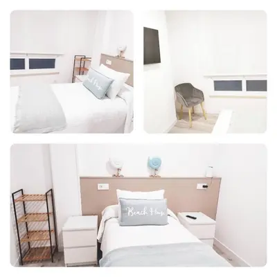 a collage of three pictures of a bedroom at Apartamento Llave del Mar in Burela de Cabo