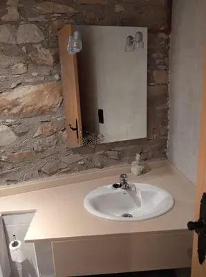 a bathroom with a sink and a mirror at Casa Rural Borrenes las Médulas in Borrenes