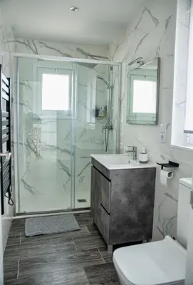 a bathroom with a shower and a sink and a toilet at Pepiño de Tomonte in Atrave