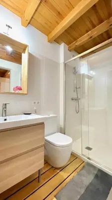 a bathroom with a toilet and a glass shower at The Cliffs - Casa Catuxa in Viveiro