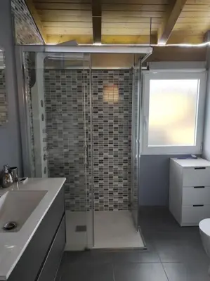 a bathroom with a shower and a sink at Casa Merteira in Ourense