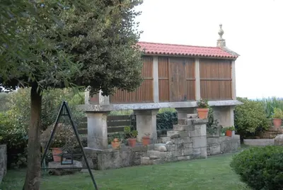 a house with a stone wall and a tree at Lareira rural apartamento Ribeira Sacra Chantada in Chantada