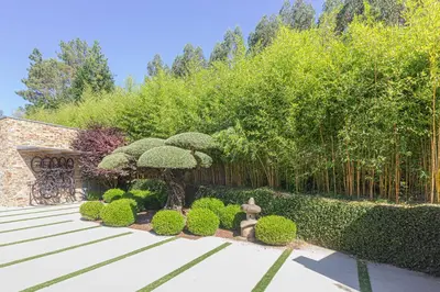 a garden with bushes and trees and a fence at Elysian Villa in Miño