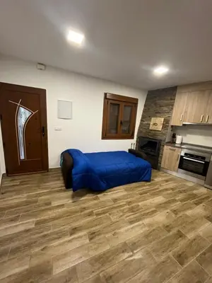 a bedroom with a blue bed and a wooden floor at Casa rural in Ourense