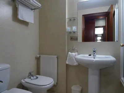 a bathroom with a sink and a toilet and a mirror at Hotel Akelarre in Santiago de Compostela