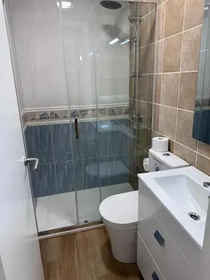a bathroom with a shower and a toilet and a sink at Apartamentos Lavandeira by beBalmy in Viveiro