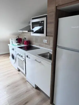 a kitchen with a white refrigerator and a sink at Apartamentos Lavandeira by beBalmy in Viveiro