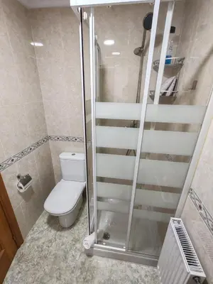 a bathroom with a toilet and a glass shower at Os Garitos in Ribadeo