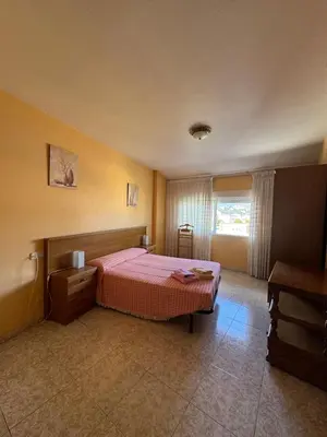 a bedroom with a pink bed and a window at Hostal Pensión LA TORRE in Fabero