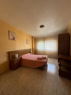 a bedroom with a pink bed and a window at Hostal Pensión LA TORRE in Fabero