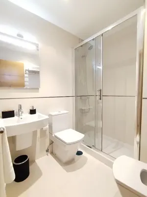 a white bathroom with a toilet and a shower at Viveiro Centro con parking in Viveiro