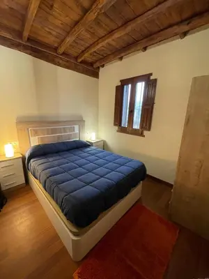 a bedroom with a blue bed and a window at Alojamiento bodega LOF in Valtuille de Abajo