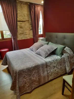 a bedroom with a large bed with red walls at Airiños Aires in Santiago de Compostela