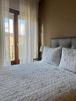 a bedroom with a large white bed with a window at Airiños Aires in Santiago de Compostela