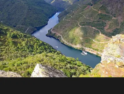 an aerial view of a river in a canyon at Casa A Boga RIBEIRA SACRA in Abeleda