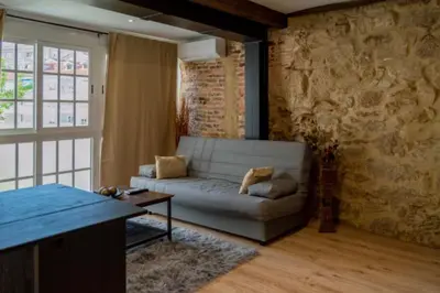 a living room with a couch and a brick wall at Burgas1 in Ourense