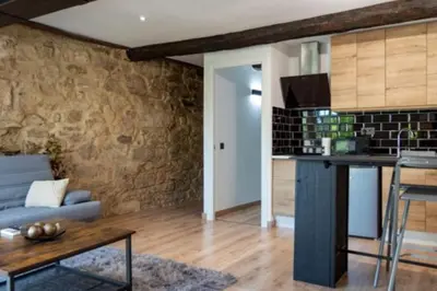 a kitchen and living room with a couch and a table at Burgas1 in Ourense