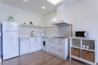 a white kitchen with a refrigerator and a dishwasher at Apartamentos Rurales TIN TURISMO in Santa Eulalia de Oscos