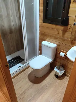 a small bathroom with a toilet and a shower at Lar de Pazos in Padrón
