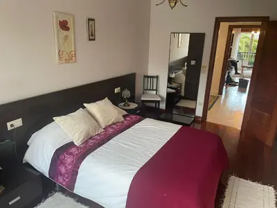 a bedroom with a large bed with a purple blanket at Apartamento Xaquina in Melide