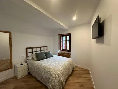 a bedroom with a bed and a television on a wall at Casa de Lucinda-Ribeira Sacra in Covas