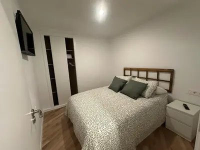 a bedroom with a bed and a flat screen tv at Casa de Lucinda-Ribeira Sacra in Covas