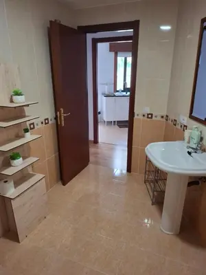a bathroom with a sink and a mirror and a door at Piso DJC in O Pedrouzo
