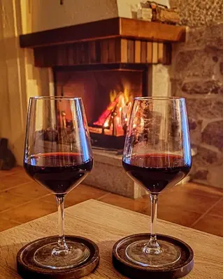 two glasses of red wine sitting on a table in front of a fireplace at Luz do Sil in Ourense