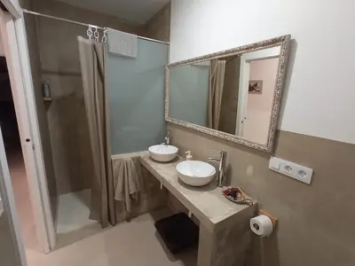 a bathroom with a sink and a mirror and a shower at OLI VITA HOLIDAY HOME 4 O 2 PEOPLE Viveiro VUT-LU-3838 in Viveiro