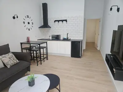 a kitchen and living room with a couch and a table at Apartamentos Pasiño in Portomarin