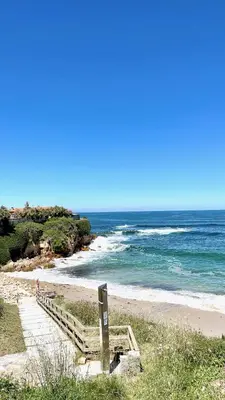 a beach with a wooden staircase leading to the ocean at The Cliffs A Ribeira - Pampillosa in Foz