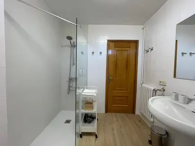 a bathroom with a sink and a shower and a mirror at Los Balcones de Vega in Vega de Espinareda