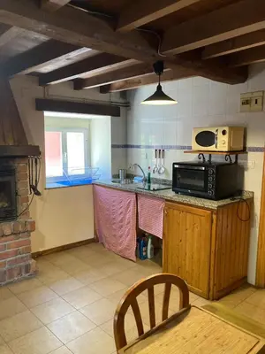 a kitchen with a counter and a microwave and a stove at Somiedoeco in Caunedo