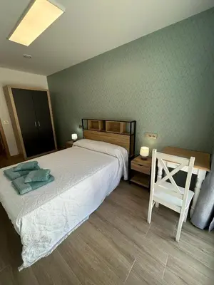 a bedroom with a bed and a chair in it at Apartamentos Torres del Milladoiro in Amés