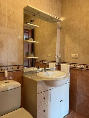 a bathroom with a sink and a toilet and a mirror at O piso de Cris in Caldas de Reis