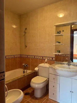 a bathroom with a toilet and a sink and a tub at O piso de Cris in Caldas de Reis