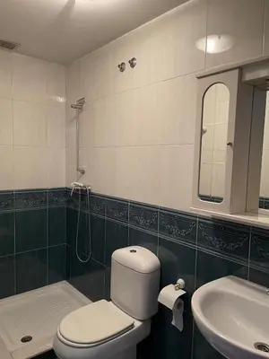 a bathroom with a toilet and a sink and a mirror at O piso de Cris in Caldas de Reis