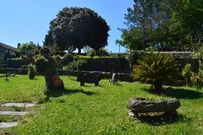 a garden with a tree and some rocks in the grass at Casa Labrega da Torre in Silleda