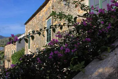 a stone building with purple flowers in front of it at Pazo da Trave in Viveiro
