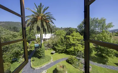 an aerial view of the garden from the house at Pazo da Trave in Viveiro