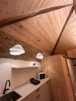a kitchen with wooden walls and a ceiling with two lights at Bella Casa Araujo in Lamas