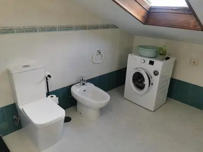 a bathroom with a toilet and a washing machine at Apartamento entero Frama Caldas in Caldas de Reis