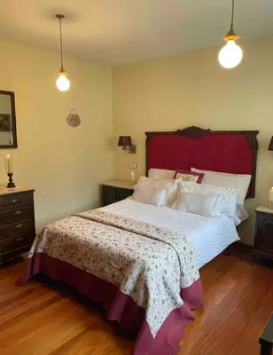 a bedroom with a large bed with a red headboard at Los Diales in Cangas del Narcea