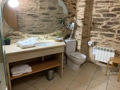 a bathroom with a sink and a toilet and a mirror at Posada Real La Carteria in Puebla de Sanabria